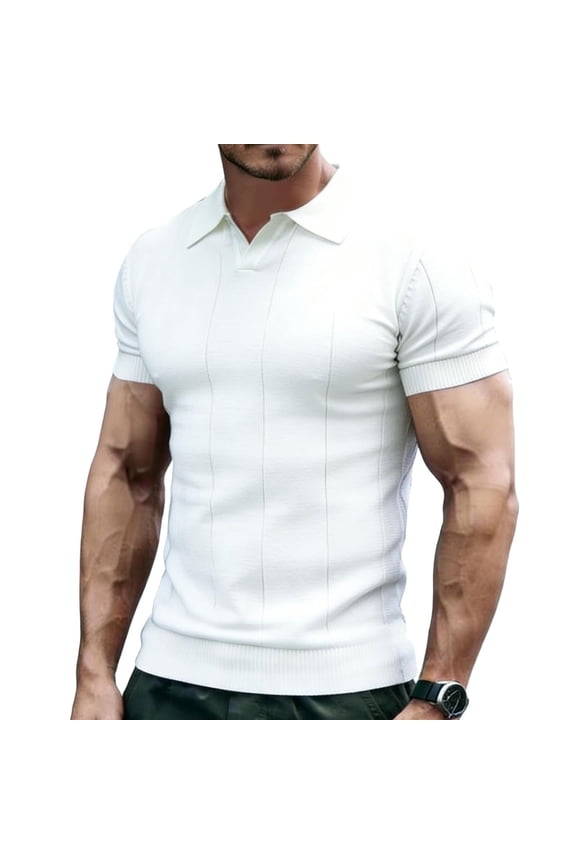 Men's Knit Ribbed Short Sleeve Open V-Neck Collared Polo Shirt, Casual Slim Fit Top, Breathable Textured Knitwear for Smart Casual Style and Everyday Wear White S