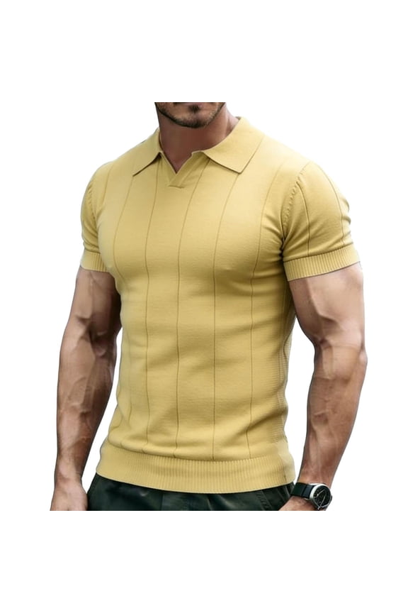 Men's Knit Ribbed Short Sleeve Open V-Neck Collared Polo Shirt, Casual Slim Fit Top, Breathable Textured Knitwear for Smart Casual Style and Everyday Wear Yellow M