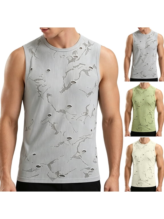 Men's Knit Ripped Hole Sleeveless Tank Top, Breathable Quick Dry Gym Workout Athletic Vest Gray