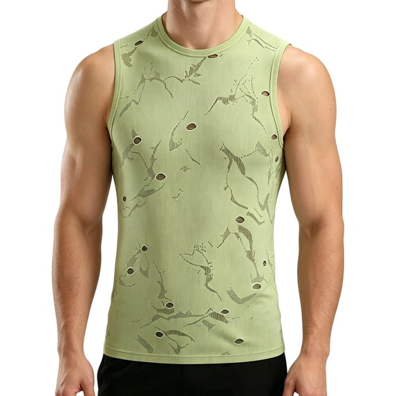 Men's Knit Ripped Hole Sleeveless Tank Top, Breathable Quick Dry Gym Workout Athletic Vest Green
