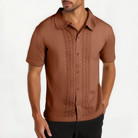 Men's Knit Shirt, Short Sleeve Button Up Casual Shirt, Relaxed Fit Knitted Top for Beach and Daily Wear