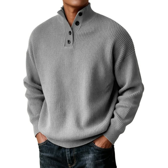 Men's Knit Shirts Long Sleeve Button Up Pullover Sweater Textured Casual Collared Tops Gray XL