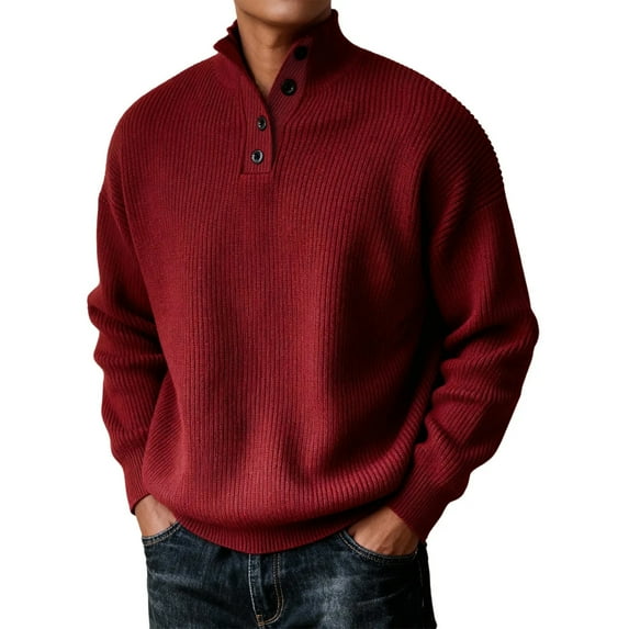 Men's Knit Shirts Long Sleeve Button Up Pullover Sweater Textured Casual Collared Tops Red 3XL