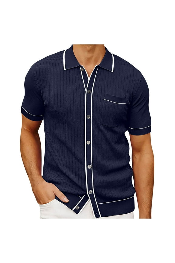 Men's Knit Shirts Short Sleeve Vintage Preppy Style Beach Shirts Summer Casual Button Down Sweater Shirts