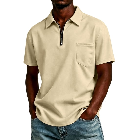 Men's Knit Short Sleeve Polo Shirt with Zipper Collar for Office Golf Casual Wear Lightweight Top S