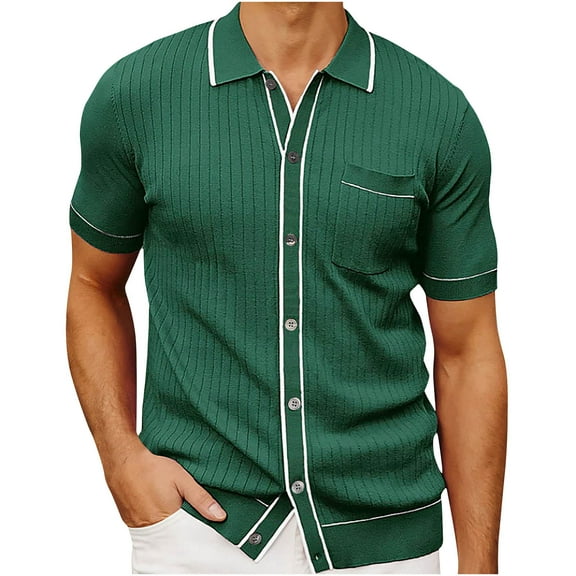 ZQUUVOU Men's Knit Short Sleeve Shirt Casual Fashion Solid Color Short Sleeve Turndown Collar Button Down Blouse Shirt A-Green