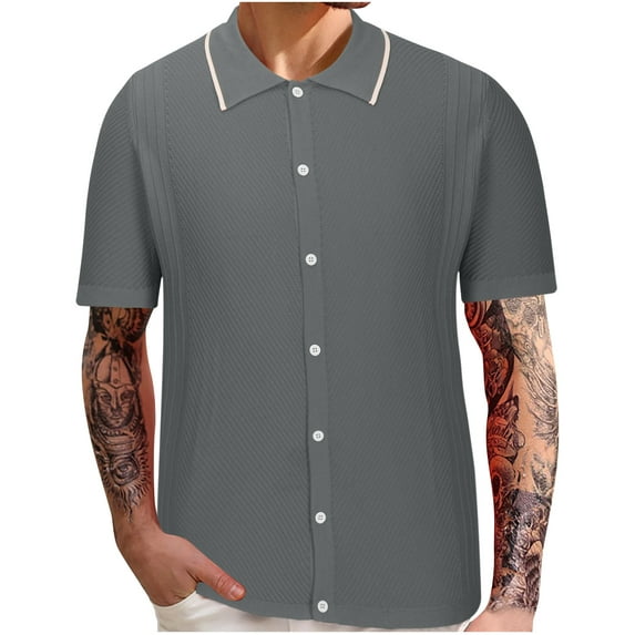 ZQUUVOU Men's Knit Short Sleeve Shirt Casual Fashion Solid Color Short Sleeve Turndown Collar Button Down Blouse Shirt B-Gray