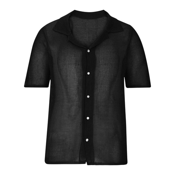 ZQUUVOU Men's Knit Short Sleeve Shirt Casual Fashion Solid Color Short Sleeve Turndown Collar Button Down Blouse Shirt C-Black