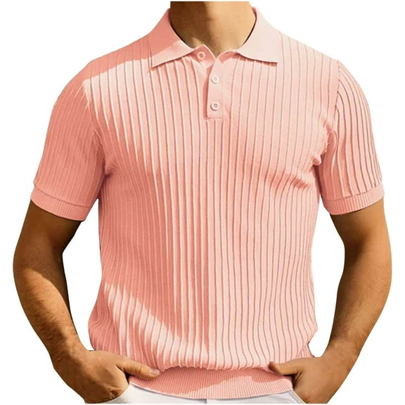 ZQUUVOU Men's Knit Short Sleeved Shirt Casual Fashion Solid Color Turndown Collar Botton Down Blouse Shirt A-Pink