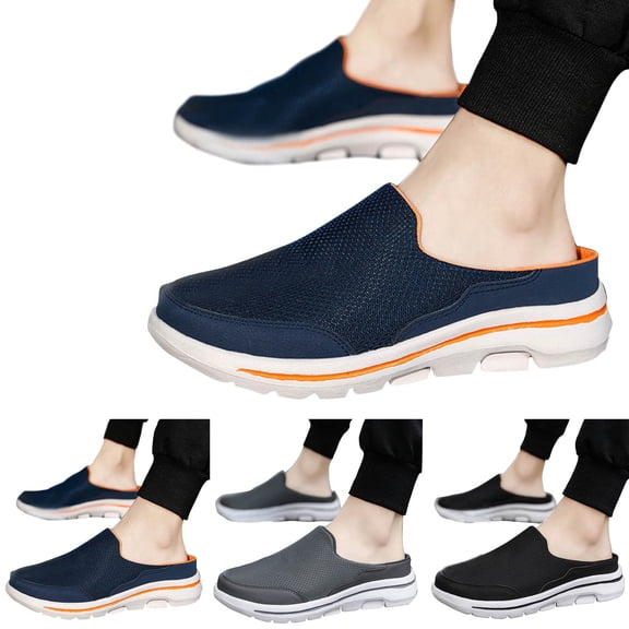 Men's Knit Slip on Summer Breathable Walking Shoes Backless Tennis Sneakers Casual Slides Mules Flat Shoes for Everyday Travel Dark Gray Size 10
