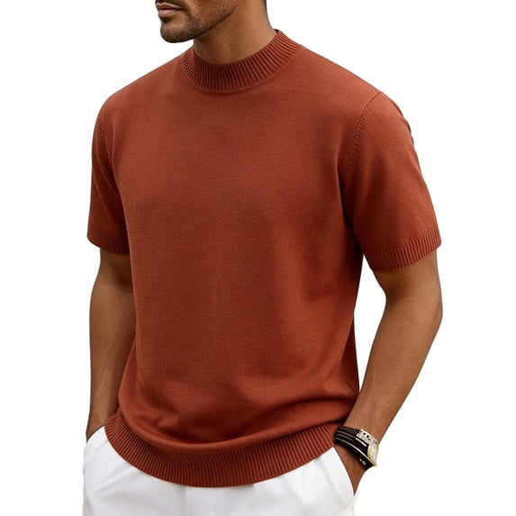Men's Knit Solid Color Short Sleeve Mock Neck T-Shirt, Essential Cotton Blend Tee, Breathable Slim Fit Top for Daily Wear, Work, Casual Outings and Smart Casual Occasions Orange XL