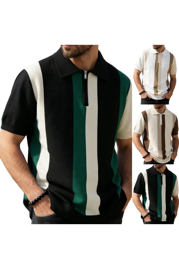 Men's Knit Striped Short Sleeve Shirt, Breathable Casual Button Down Top, Acrylic Zip Front Lapel Collar Summer Shirt for Daily Work Beach Vacation | Zenithor,Coffee L