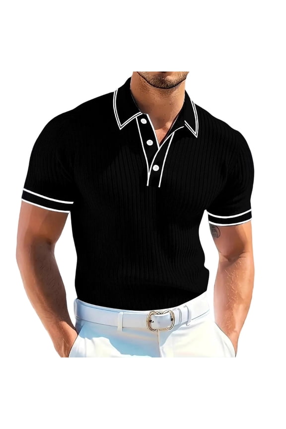 Men's Knit Sweater Casual Short Sleeve Textured Sweater Lightweight Button Down Striped Knit Golf Sweater