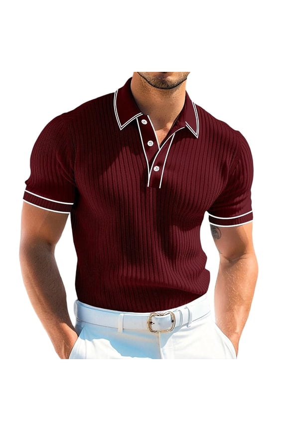 Men's Knit Sweater Casual Short Sleeve Textured Sweater Lightweight Button Down Striped Knit Golf Sweater