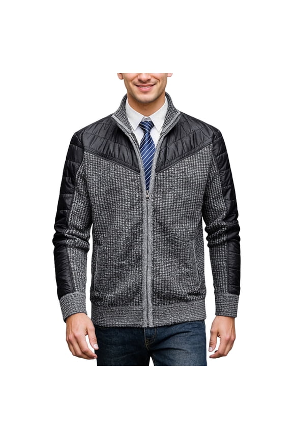 Men's Knit Sweater Coat, Stand-Up Collar Down-Spliced Lightweight Long Sleeve Outerwear Jacket, Solid Color Casual Zipper Cardigan for Business Casual Winter Daily Wear