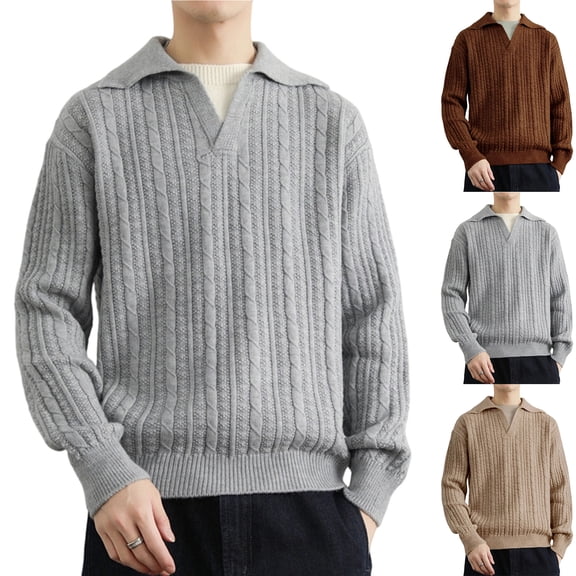 Men's Knit Sweater Thickened Flip Collar Long Sleeve for Winter Warmth and Casual Christmas Wear,Khaki,L