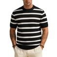 thumbnail image 1 of Men's Knit Vertical Striped Short Sleeve Mock Neck T-Shirt, Casual Slim Fit Top, Breathable Ribbed Knitwear for Smart Casual Style and Everyday Wear Black b XL, 1 of 4