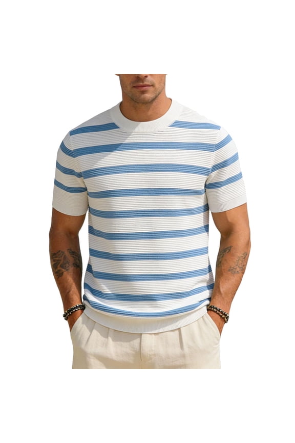 Men's Knit Vertical Striped Short Sleeve Mock Neck T-Shirt, Casual Slim Fit Top, Breathable Ribbed Knitwear for Smart Casual Style and Everyday Wear Blue XL