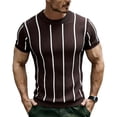 thumbnail image 1 of Men's Knit Vertical Striped Short Sleeve Mock Neck T-Shirt, Casual Slim Fit Top, Breathable Ribbed Knitwear for Smart Casual Style and Everyday Wear Coffee M, 1 of 4