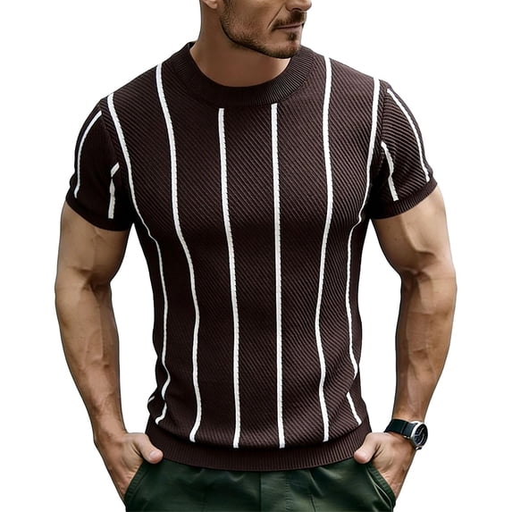 Men's Knit Vertical Striped Short Sleeve Mock Neck T-Shirt, Casual Slim Fit Top, Breathable Ribbed Knitwear for Smart Casual Style and Everyday Wear Coffee M