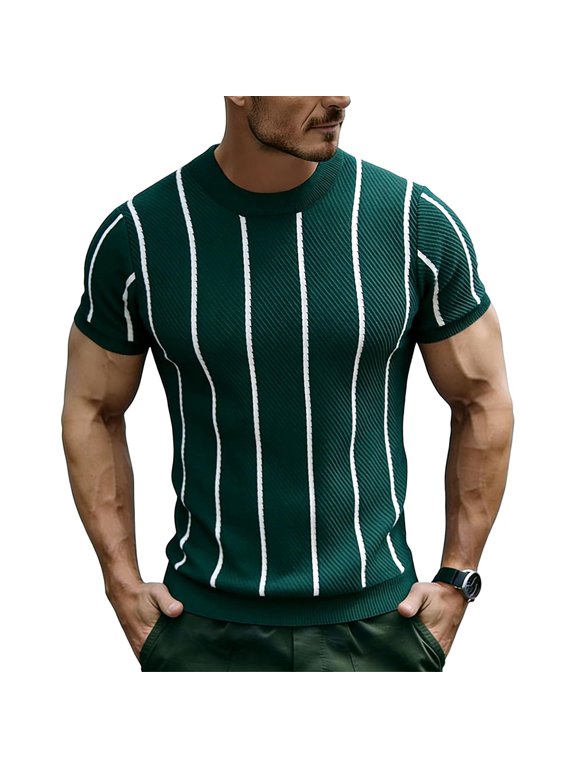 Men's Knit Vertical Striped Short Sleeve Mock Neck T-Shirt, Casual Slim Fit Top, Breathable Ribbed Knitwear for Smart Casual Style and Everyday Wear Green M