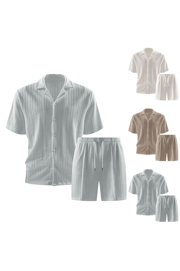 Men's Knited Short Sets 2 Piece Outfits Button Down Shirts and Short Sets Summer Beach Outfis Jacquard Size 2XL Khaki