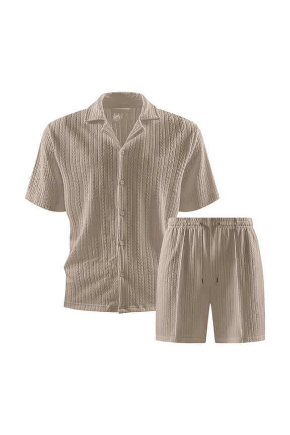 Men's Knited Short Sets 2 Piece Outfits Button Down Shirts and Short Sets Summer Beach Outfis Jacquard Size 2XL Khaki