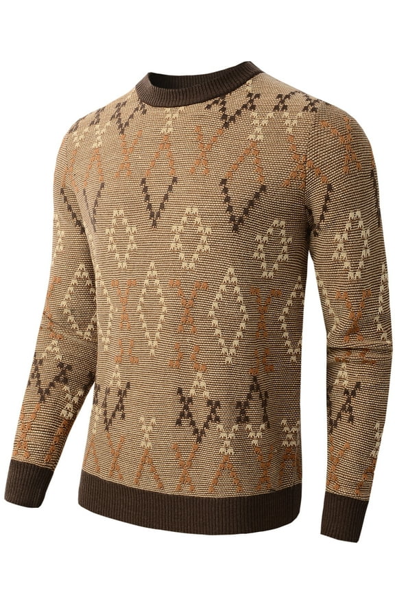 Men's Knitted Argyle Pullover Crewneck Sweater Vintage Thermal