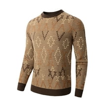 Men's Knitted Argyle Pullover Crewneck Sweater Vintage Thermal