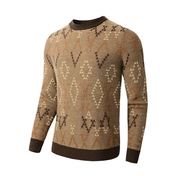 Men's Knitted Argyle Pullover Crewneck Sweater Vintage Thermal