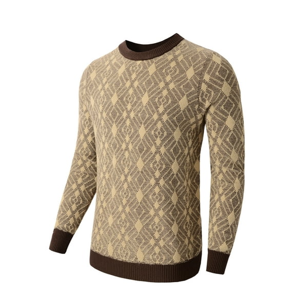 Men's Knitted Argyle Pullover Crewneck Sweater Vintage Thermal