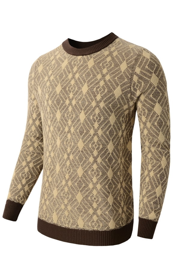 Men's Knitted Argyle Pullover Crewneck Sweater Vintage Thermal