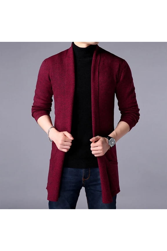 Men's Knitted Cardigan Chenille Lapel Buttonless Solid Color Simple Business Casual Mens Cardigan Wine L