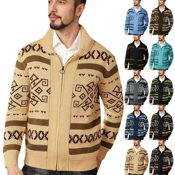 Men's Knitted Cardigan Jacket - Zipper Lapel Slim Outer Wear Sweater for Autumn Winter Business Casual, Daily Outfits, and Christmas Parties,Beige,L