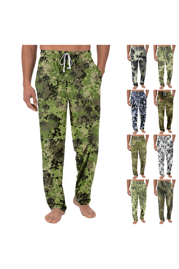 Men's Knitted Fashionable Printed Pocket Casual Pants, Camouflage Pajama Pants for Home, Sleep and Lounge Wear,Mint Green,S
