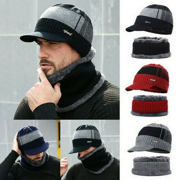 Men´s Knitted Hat Collar Two-piece Outfit Men Winter Warm Hat Knit Visor Beanie Fleece Lined Beanie Cap, Gray