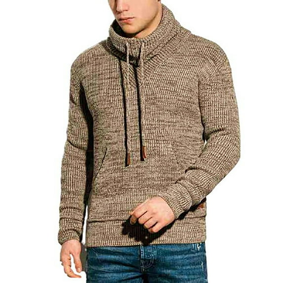 Men's Knitted Hoodies Pullover Knit Sweater Hooded Casual Long Sleeve Turtleneck Sweaters Loose Fall Winter Henley Hooded Sweatshirts with Pockets