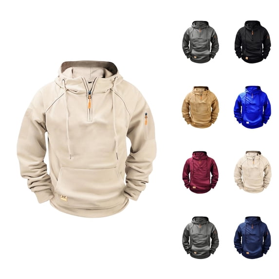 Men's Knitted Jacquard Hoodie Sweatshirt with Large Pocket Long Sleeve Crewneck Quarter Zip Raglan Top
