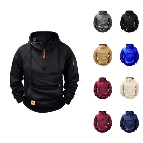 Men's Knitted Jacquard Hoodie Sweatshirt with Large Pocket Long Sleeve Crewneck Quarter Zip Raglan Top