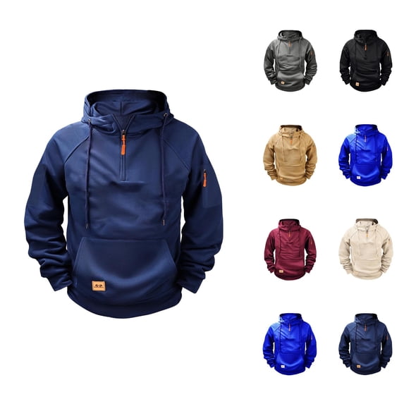 Men's Knitted Jacquard Hoodie Sweatshirt with Large Pocket Long Sleeve Crewneck Quarter Zip Raglan Top
