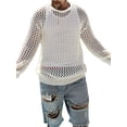 thumbnail image 1 of Men's Knitted Mesh Cutout Tops Round Neck Loose Long Sleeve Tee Shirt, 1 of 7