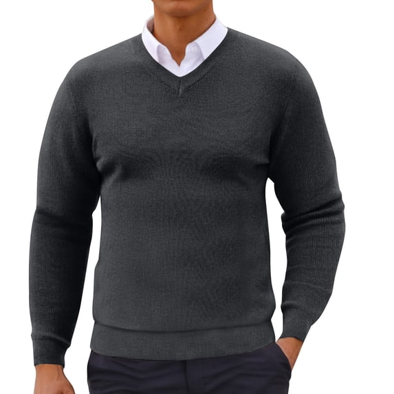 Men's Knitted Pullover Tops Solid Color Sweater V Neck Long Sleeve Sweater Fall Winter Base Layer Shirts Dark Gray 3XL