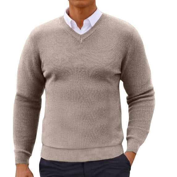 Men's Knitted Pullover Tops Solid Color Sweater V Neck Long Sleeve Sweater Fall Winter Base Layer Shirts Khaki L
