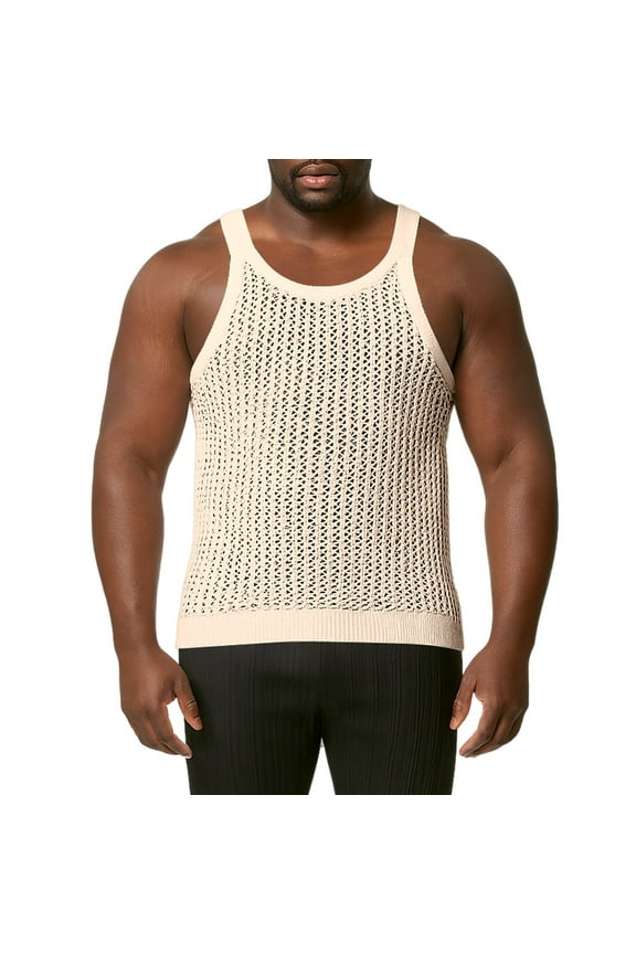 Men's Knitted Sleeveless Tank Top Breathable Summer Casual Beach Muscle Shirt Versatile Crochet See Through Vest