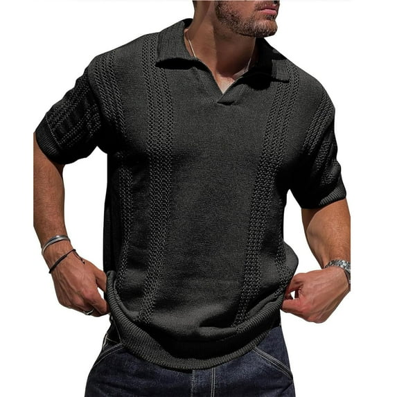 Men's Knitted Solid Color Short Sleeve Textured Casual Golf Shirt Summer Stretch Slim Lapel T-Shirt