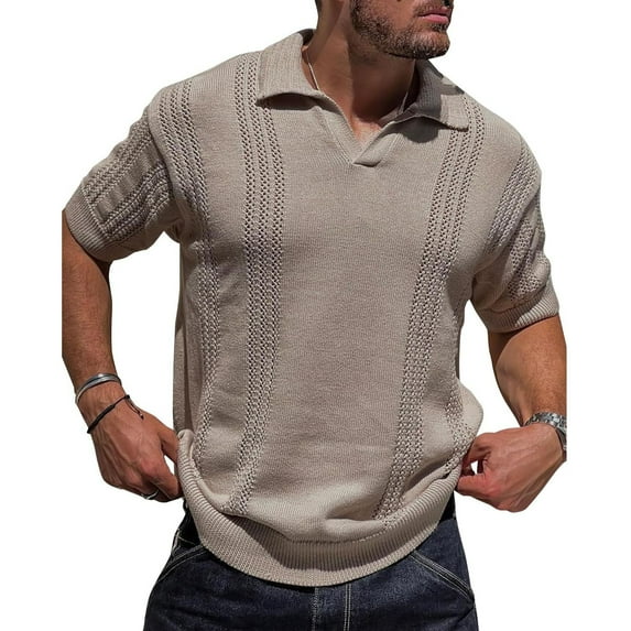 Men's Knitted Solid Color Short Sleeve Textured Casual Golf Shirt Summer Stretch Slim Lapel T-Shirt