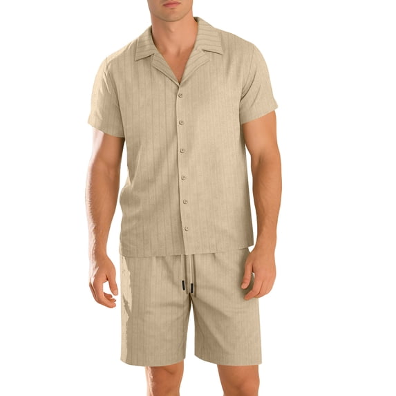 Men's Knitted Stripe Pajama Sets Lapel Short Sleeve Loungewear Relaxed Fit Nightgown Sets Button Down Pajama Top Comfort Casual Pjs Shorts Trendy 2025 Sleepwear Sets