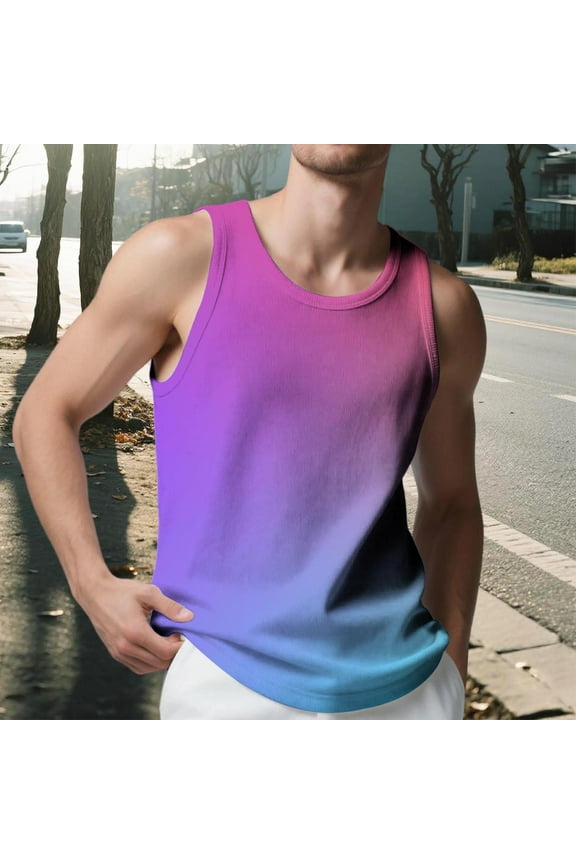 Men's Knitted Vertical Stripe Fitness Sports Leisure Slim Gradient Tank Men's I-shaped Wrew Neck Wide Shoulder Tank Athletic Stretchy Gym Elasticity