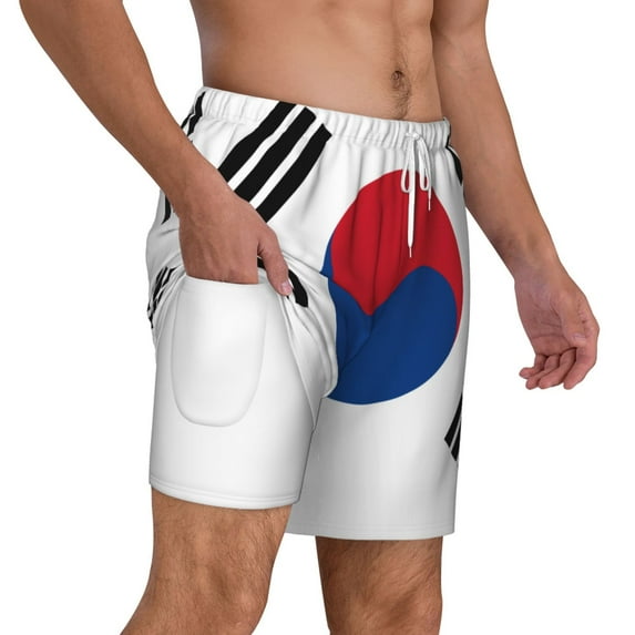 Men's Korean Flag Swim Trunks with Compression Liner Bathing Suit Swimwear