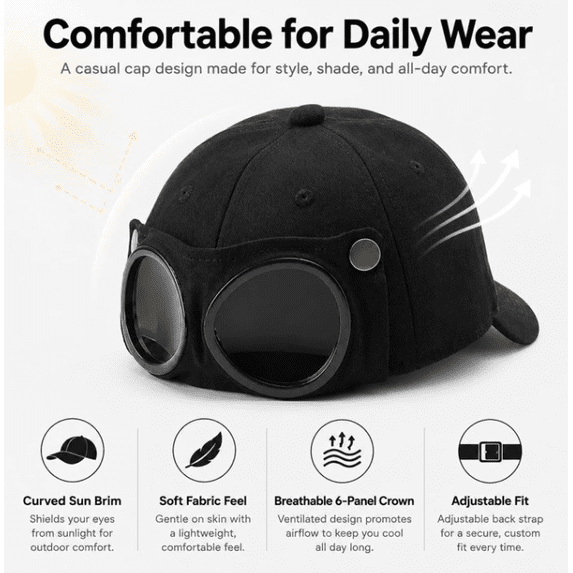 Men's Korean-Style Pilot Baseball Cap, Aviator Goggle Hat with Curved Visor, Cotton Canvas Sun Protection Cap for Spring Summer Black